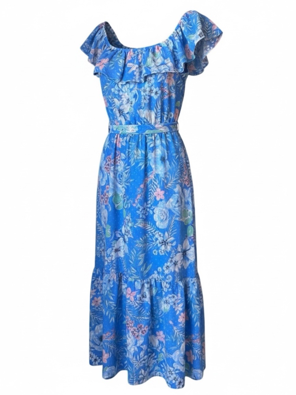 Love Colet Blue Floral Ruffle Maxi Dress Medium Boho Cottagecore Belted